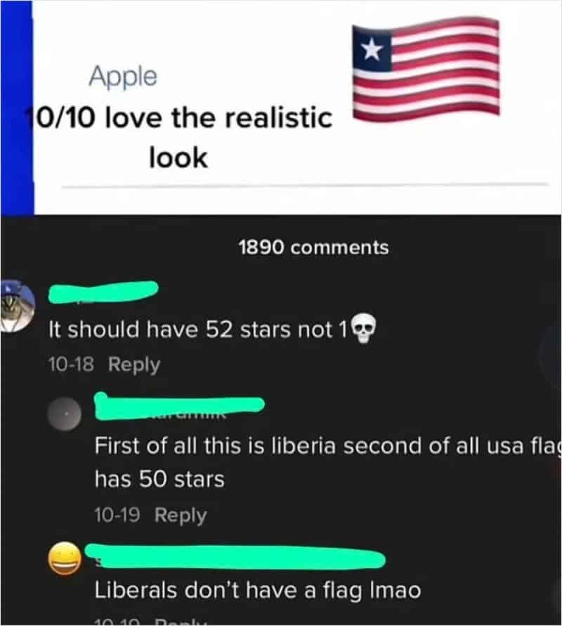 TikTok comment section confusing the Liberian flag with the US flag and claiming 'Liberals don't have a flag' in a cringe meme.