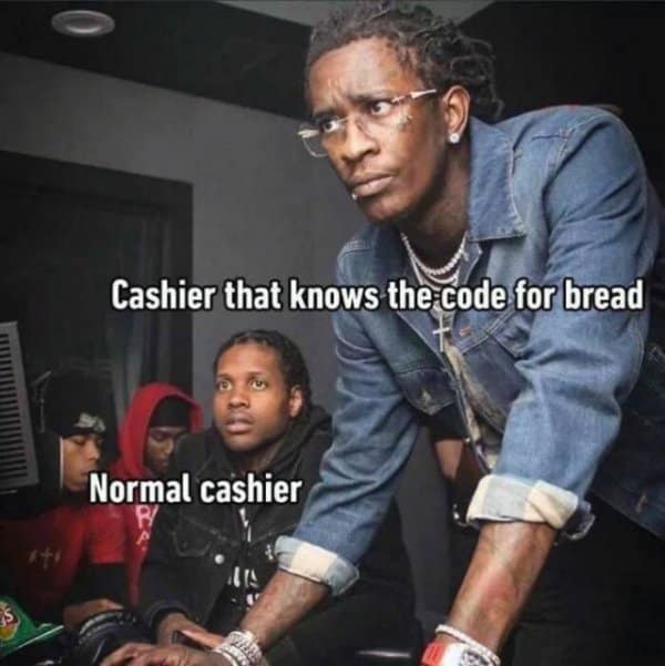 Young Thug and Lil Durk in a recording studio representing a master cashier teaching produce codes in a customer service meme.