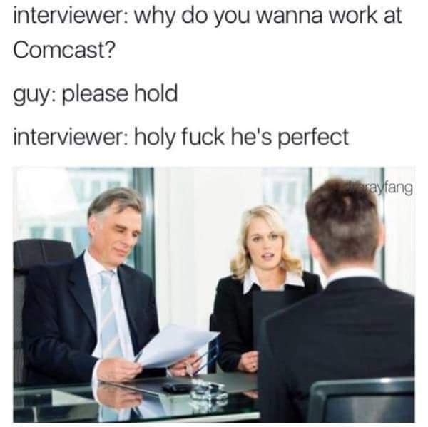 Job interview stock photo where the applicant says 'please hold' to instantly get hired in a customer service meme.