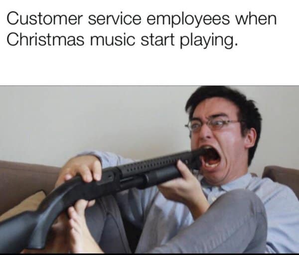 Filthy Frank reaction image illustrating retail worker despair when holiday music starts playing in a customer service meme.