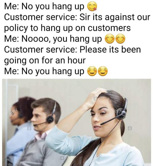 Call center representative looking stressed during a standoff over company phone policy in a customer service meme.