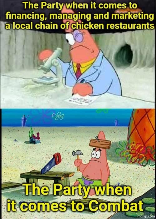 Two-panel Patrick Star meme contrasting the party's hyper-focused brilliance at managing tavern business logistics versus their absolute incompetence during actual combat in a dnd meme.