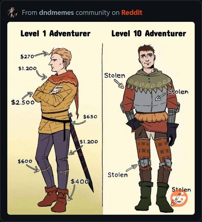 Side-by-side illustration comparing a neat, expensive Level 1 Adventurer to a patchwork Level 10 Adventurer wearing mismatched stolen gear in a dnd meme.