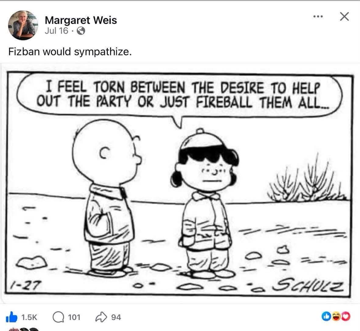 Peanuts comic strip edit featuring Lucy contemplating whether to assist the party or Fireball everyone in a dnd meme.