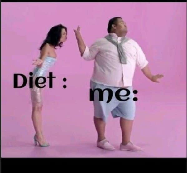 Larger man dramatically holding his hand up to reject an affectionate slim woman on a pink background, labeled as rejecting a strict meal plan in a diet meme.
