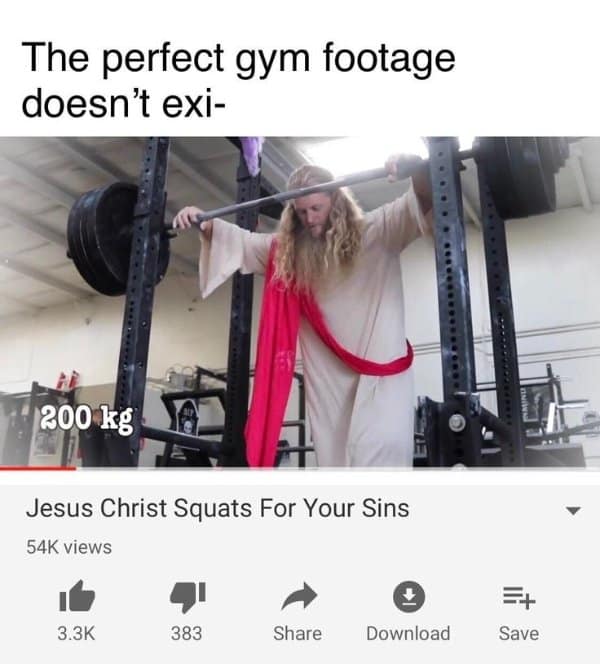 YouTube screenshot showing a man dressed as Jesus in robes squatting a 200kg barbell inside a power rack, titled 'Jesus Christ Squats For Your Sins' in a diet meme.