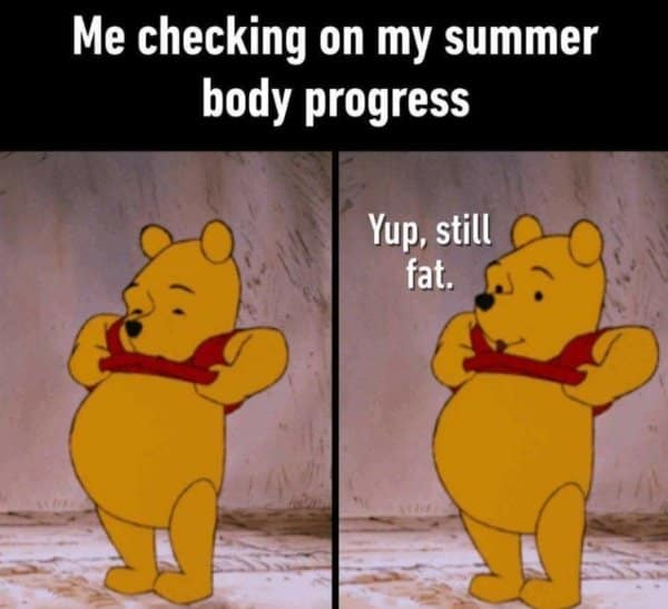 Winnie the Pooh lifting his iconic red shirt to inspect his round yellow tummy and confirming no progress in a diet meme.