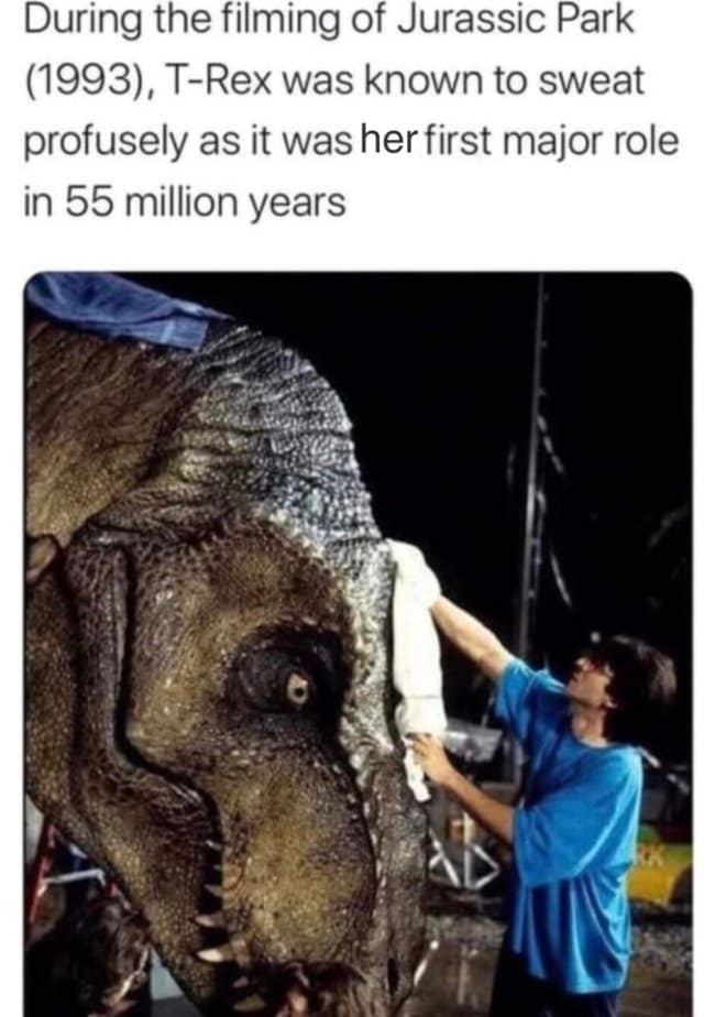 Behind-the-scenes Jurassic Park photo of a crew member dabbing towels on the animatronic T-Rex head, captioned with fake movie trivia in a dinosaur meme.