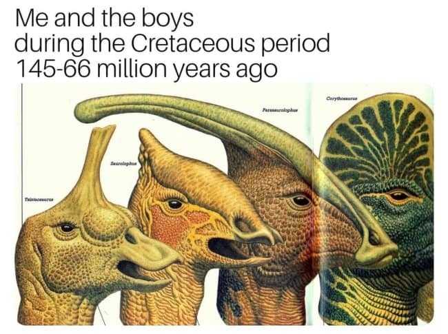 Historical illustration of four crested hadrosaurs lined up together, styled after the 'Me and the boys' format as a dinosaur meme.