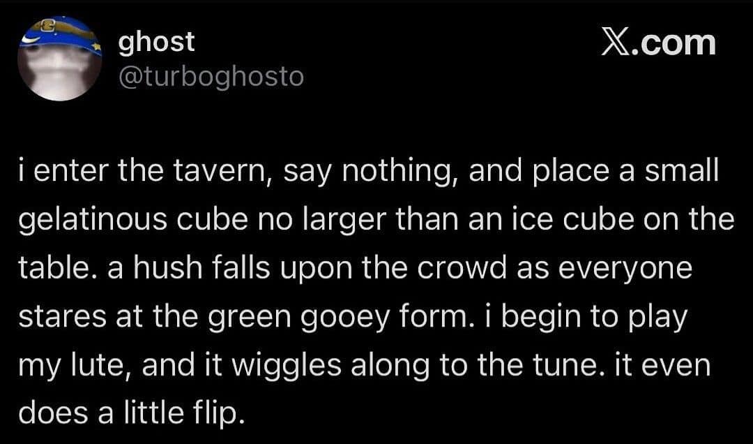 DnD memes tweet: a tiny gelatinous cube dances to a lute in a silent tavern.