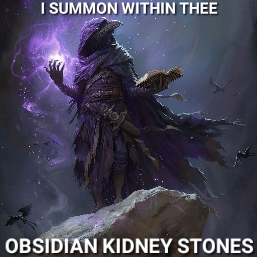 Hooded raven kenku wizard summoning purple dark magic to inflict obsidian kidney stones on an enemy in a dnd meme.