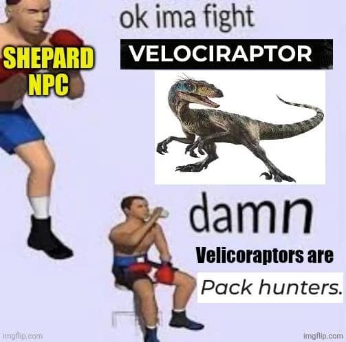 Classic arcade boxing meme template showing an overconfident NPC getting demolished by pack-hunting velociraptors in a d&d meme.