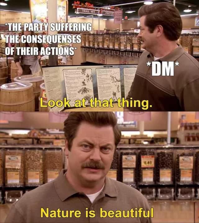 Ron Swanson labeled the DM admiring a party suffering the consequences of their actions.