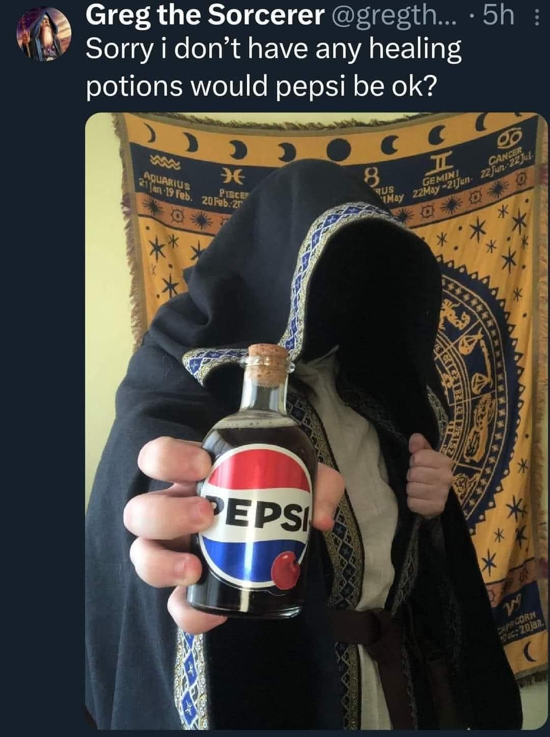 Hooded sorcerer holding up a corked glass bottle of Pepsi as a substitute healing potion in a dnd meme.