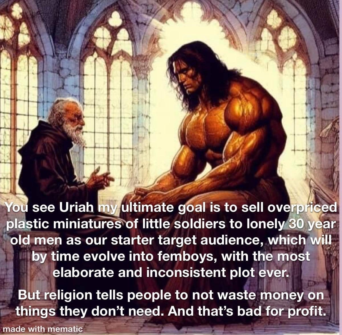 DnD memes art of a monk and muscular warrior mocking overpriced plastic miniatures.