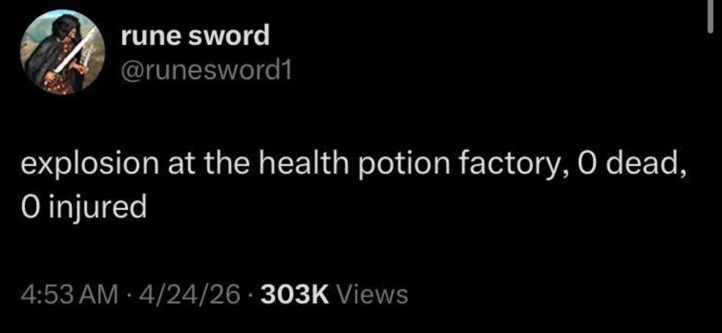 Text tweet reporting zero casualties following a massive industrial explosion at a health potion factory in a dnd meme.
