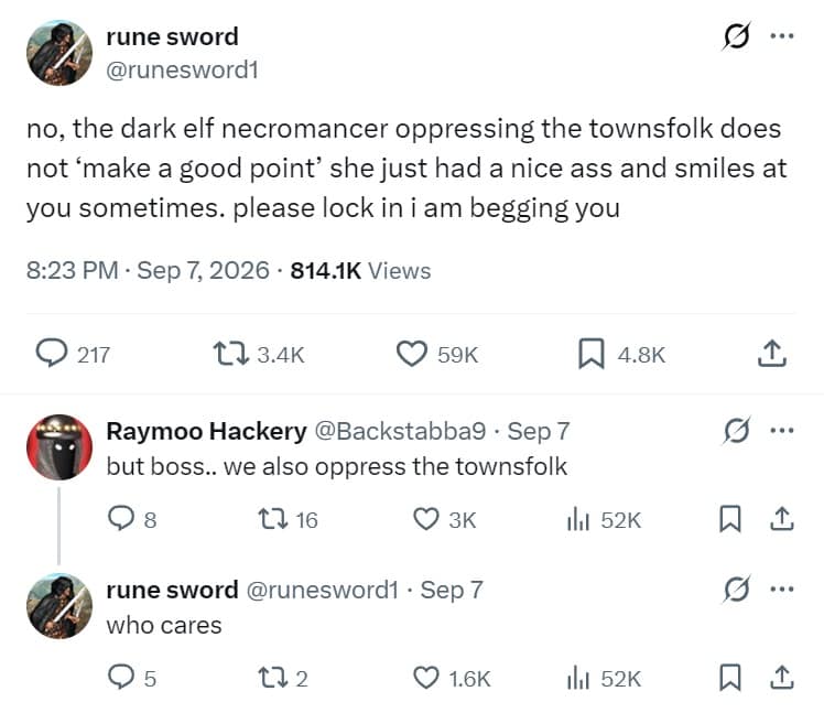 DnD memes tweet begging players to stop siding with a charming dark elf necromancer.