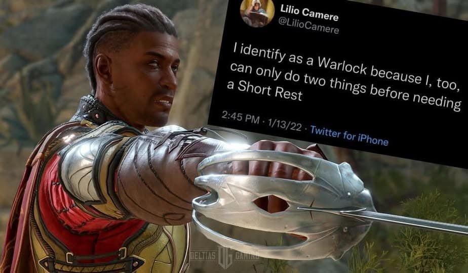 Video game swordsman beside a tweet about being a Warlock who needs short rests.