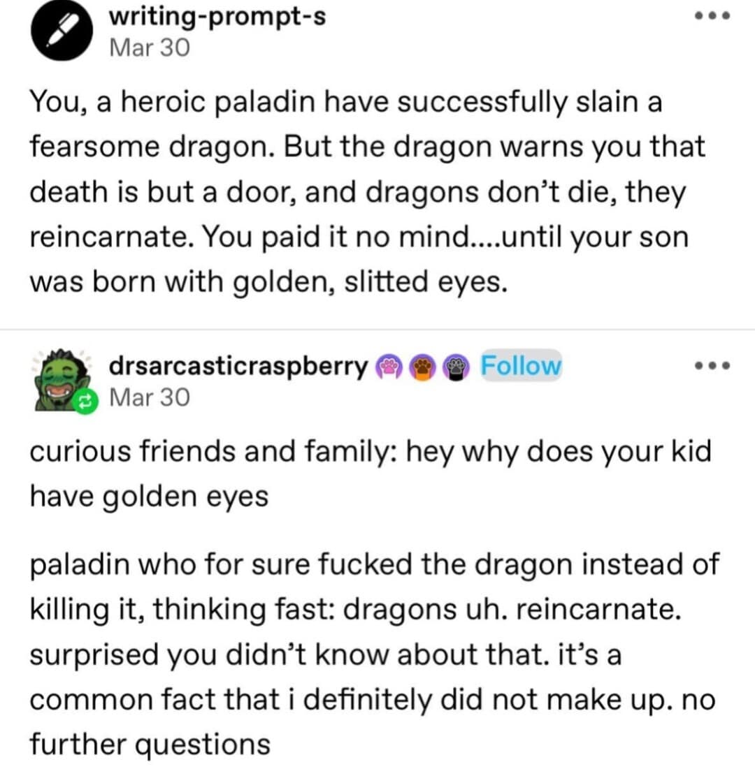 Tumblr post about a paladin explaining why his son has golden dragon eyes.