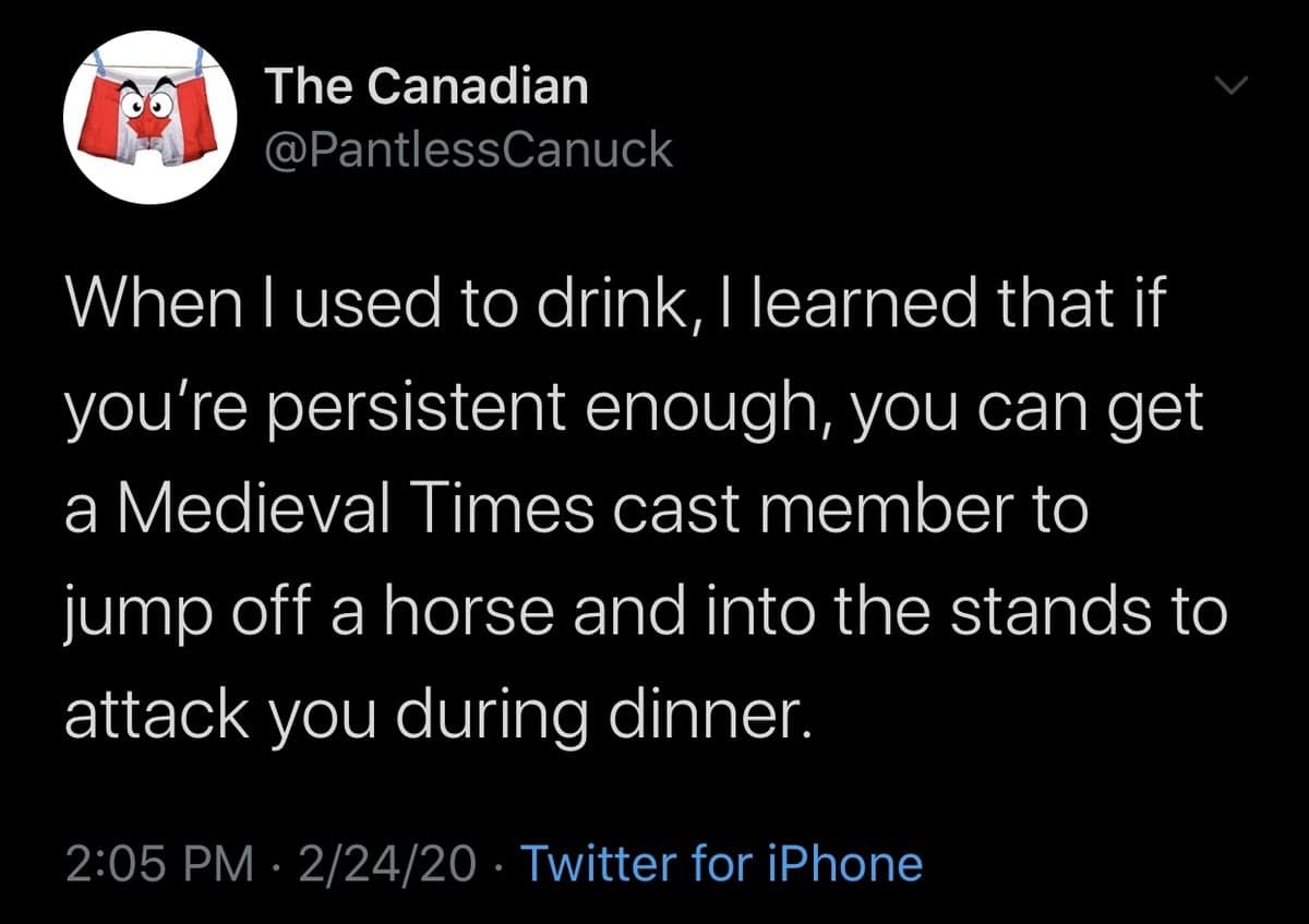 Medieval Times tweet in dnd memes about provoking a knight to leap into the stands.