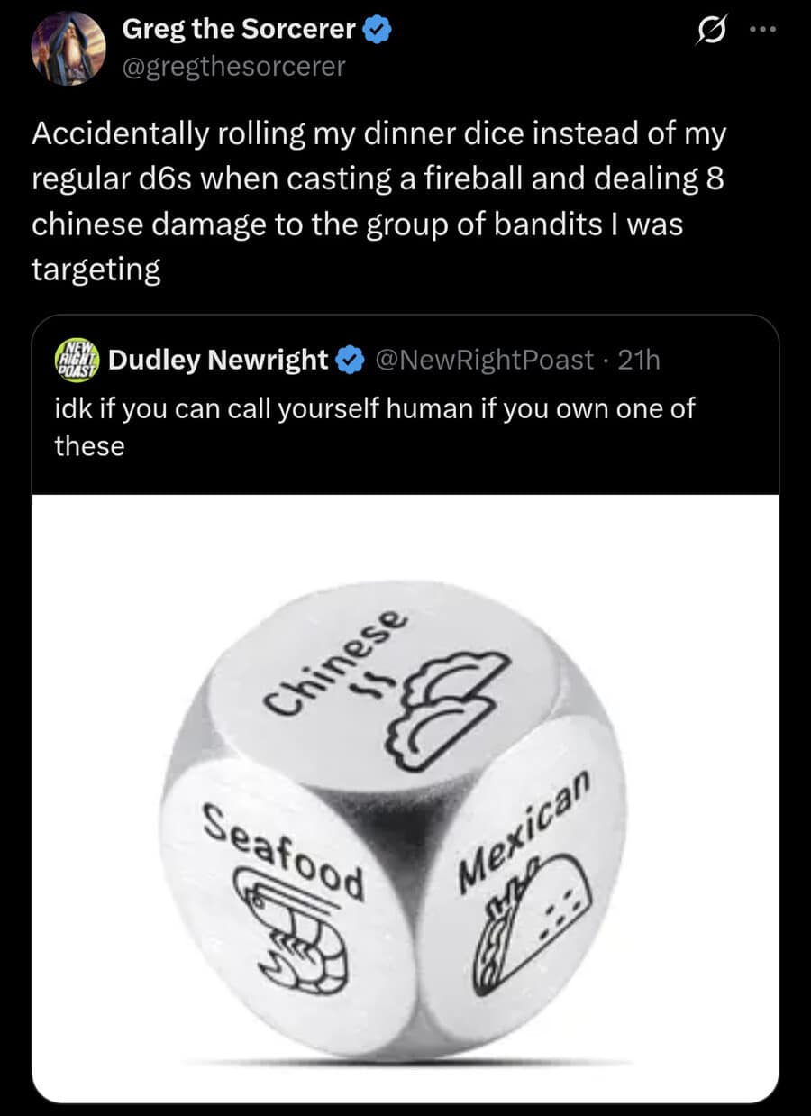 Tweet about rolling a dinner choice die for fireball damage, dealing Chinese damage to bandits.
