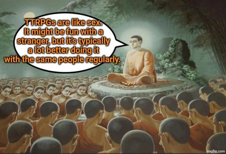 Painting of a seated teacher lecturing monks, with a speech bubble about keeping regular TTRPG groups.
