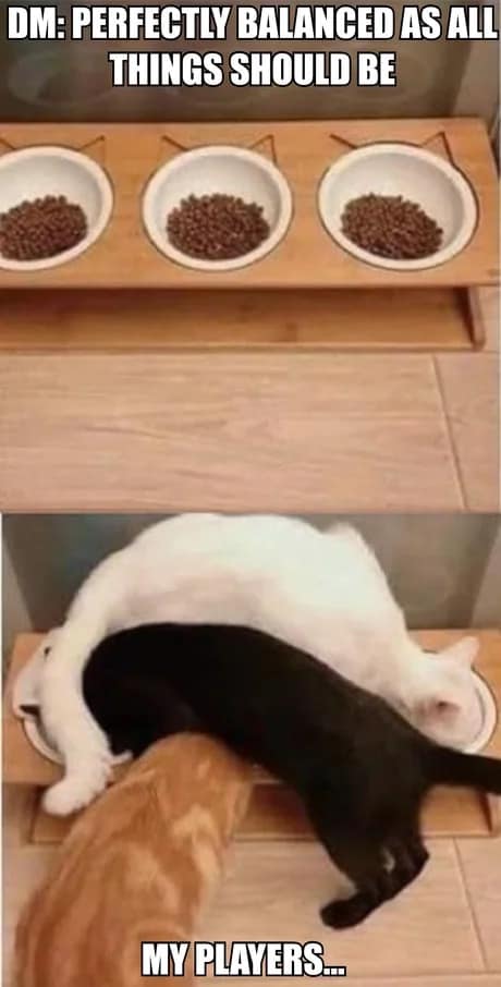 Two-panel graphic of neatly organized cat bowls contrasted against cats tangling wildly over food, illustrating DM encounter balance vs player chaos in a d&d meme.