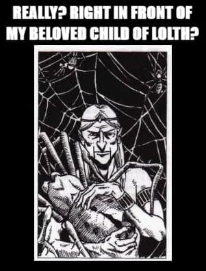 Black and white drawing of a drow cradling a spider, upset about harm to Lolth's child.