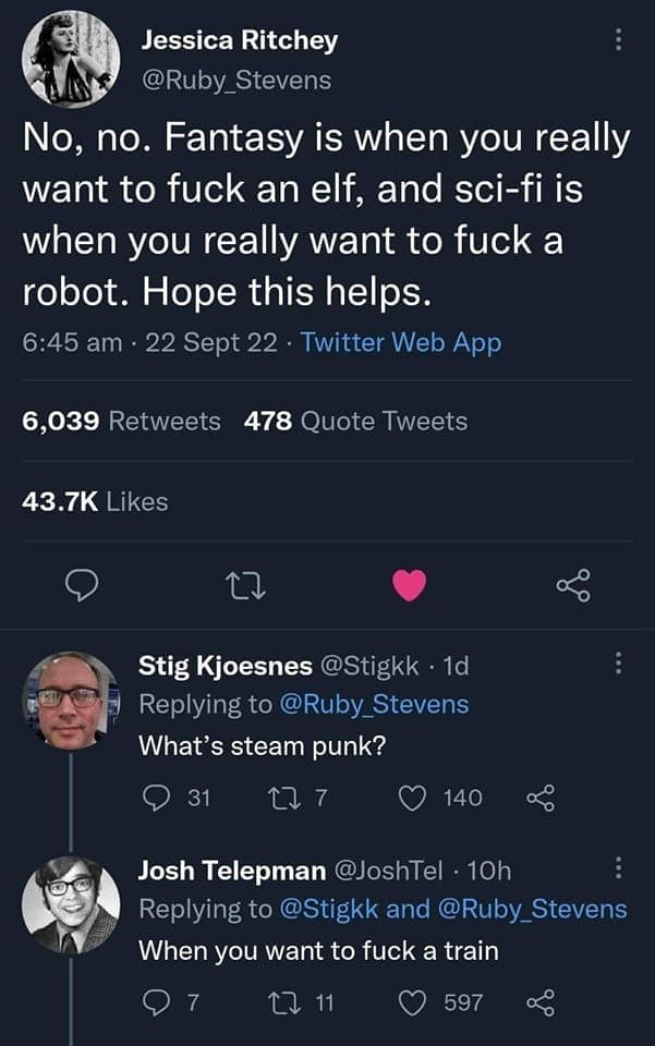 Tweet thread joking about the difference between fantasy, sci-fi and steampunk fans' crushes.