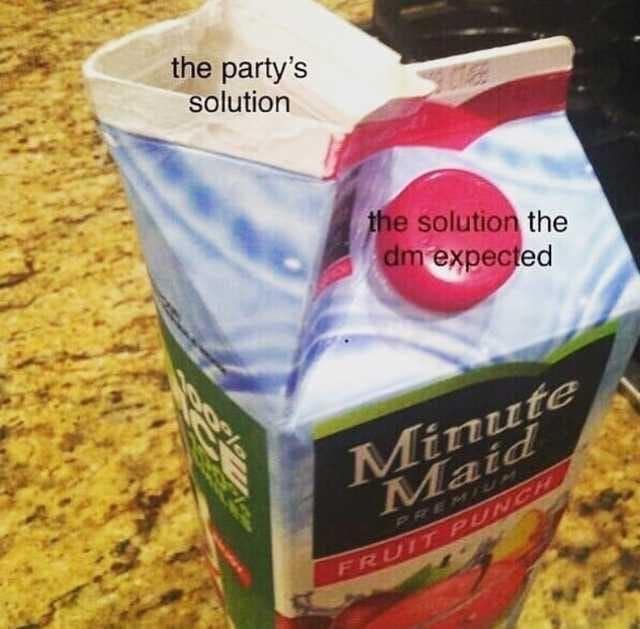 DnD memes favorite: a juice carton ripped open beside its spout, labeled the party's solution.