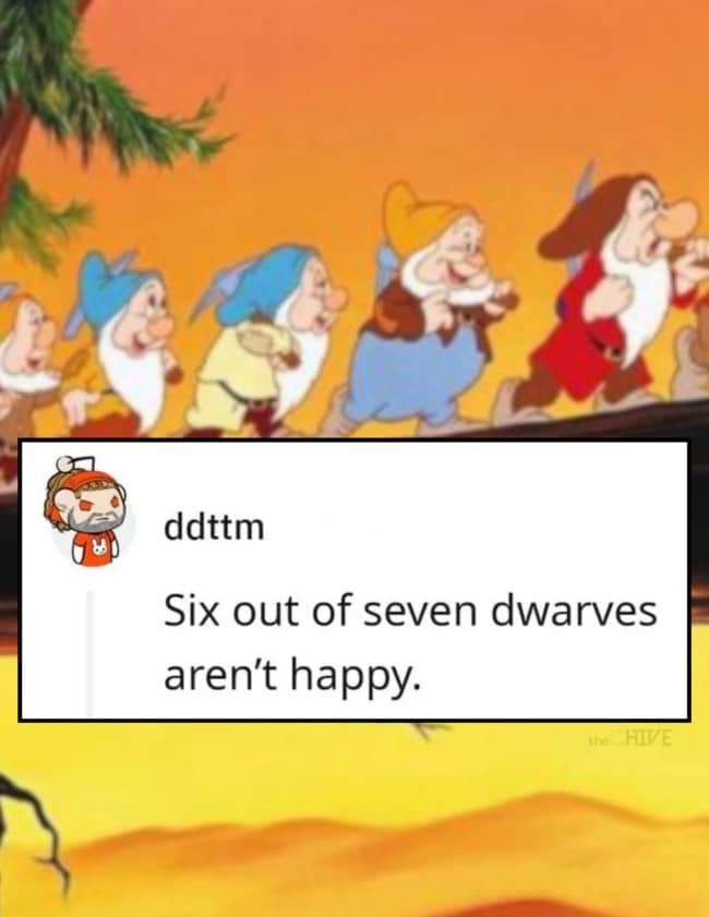 Reddit text post featuring a clever dry joke about Snow White's seven dwarves and happiness.