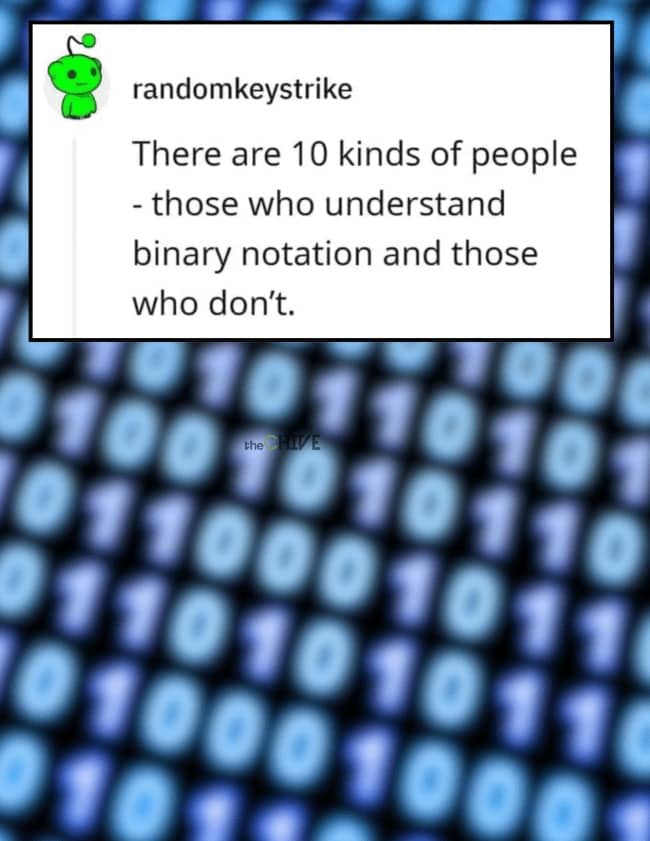 Reddit screenshot showcasing a classic binary code dry joke about base two math notation comprehension.