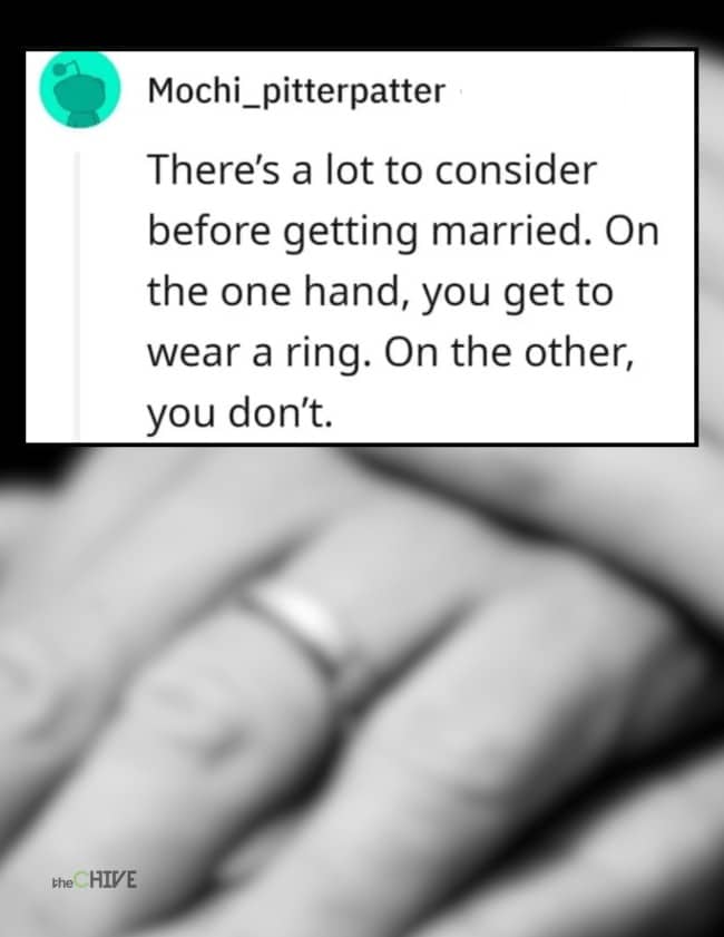 Reddit post highlighting a literal dry joke pun about wearing marriage rings on specific hands.
