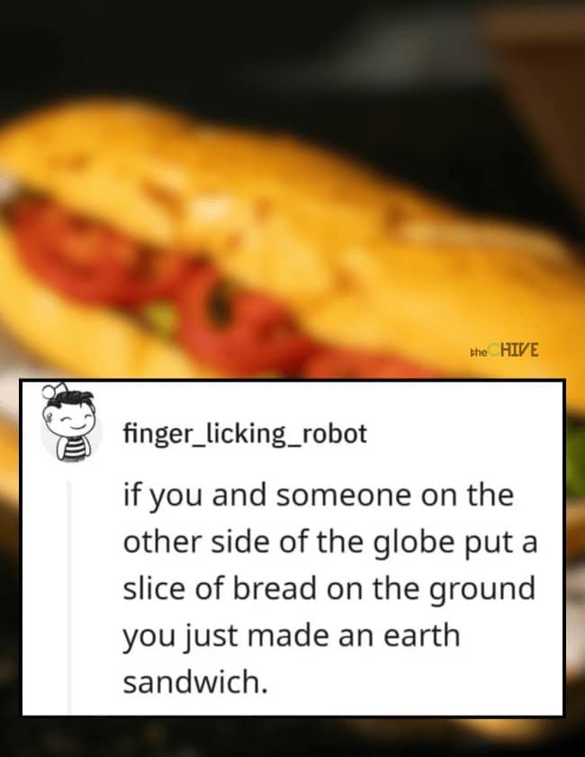 Reddit post explaining a funny dry joke about creating a global earth sandwich with bread.
