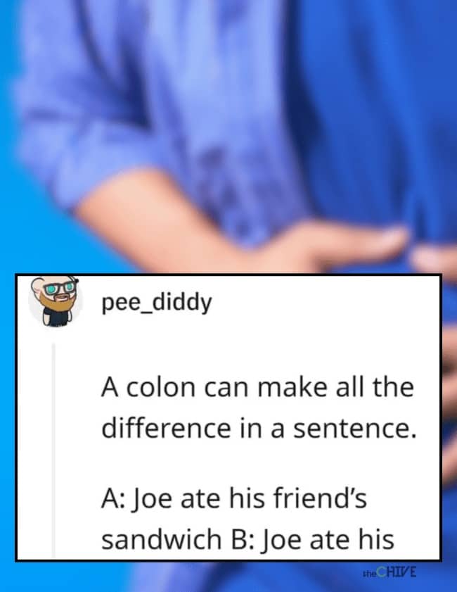 Reddit grammar post featuring a dark dry joke about punctuation completely altering sentence context.
