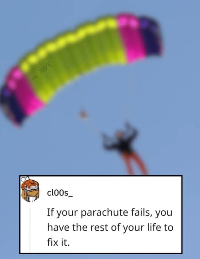 Reddit comment delivering a grim dry joke about parachutes failing during skydiving emergencies.