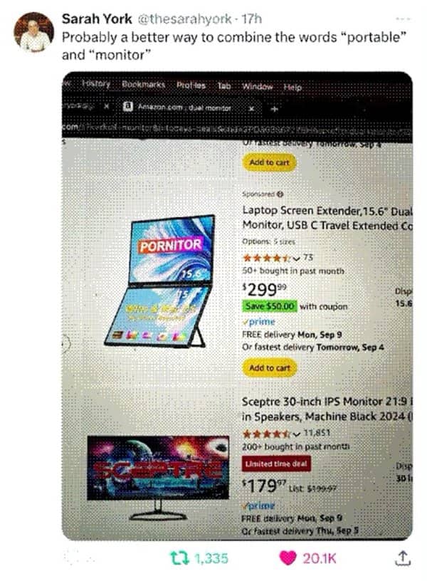 Amazon laptop screen extender product page with hilarious accidental name brand branding dystopian future memes.