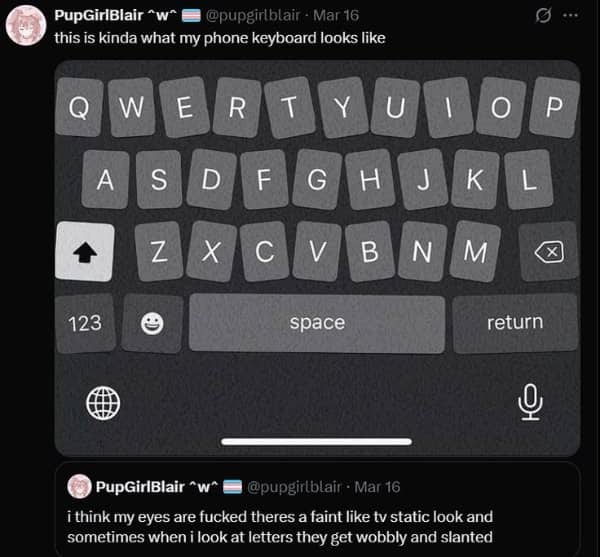 hone keyboard graphic with distorted wobbly keys illustrating visual health condition dystopian future memes.