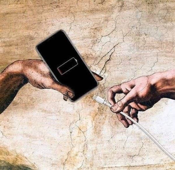 Renaissance painting style hands passing a charging cable to a dead smartphone dystopian future memes.