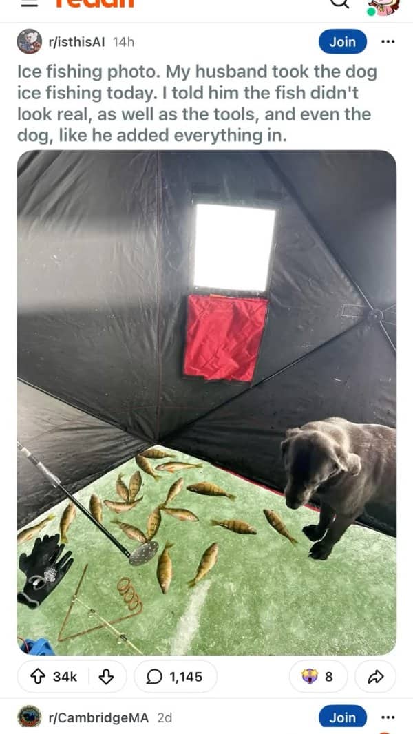 Reddit post questioning whether an ice fishing tent photo is AI generated dystopian future memes.