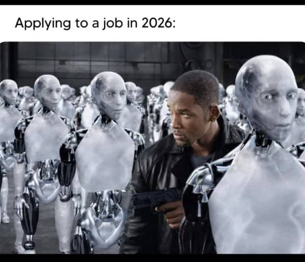 Will Smith standing among identical robots in a job market meme dystopian future memes.