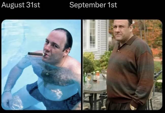 Tony Soprano side-by-side photo comparison shifting from pool day to autumn sweater meme.