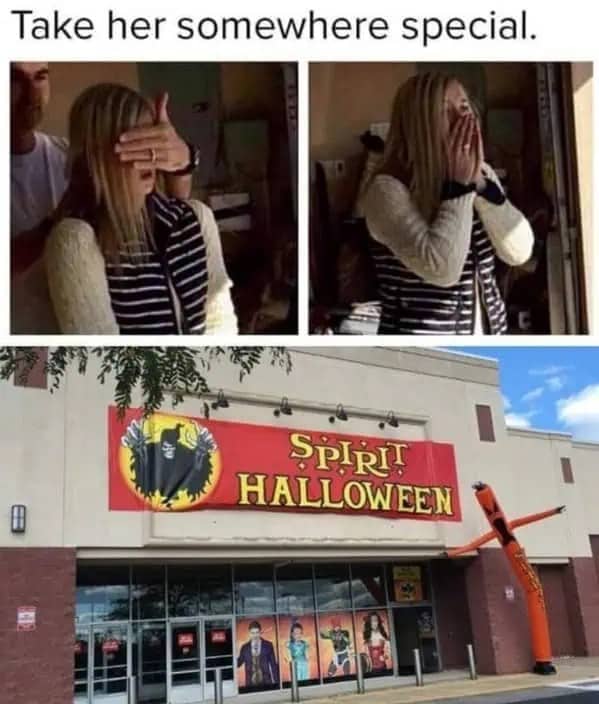 Surprise date reveal leading to Spirit Halloween store as an autumn memes joke.