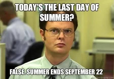 Dwight Schrute from The Office correcting summer end dates as an autumn memes joke.