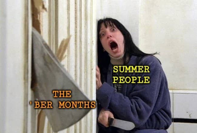 The Shining axe door scene edited with labels for summer people and autumn memes.