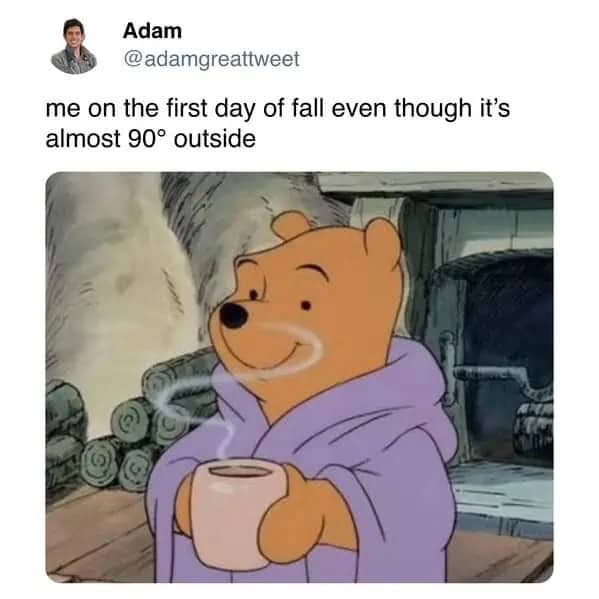 Winnie the Pooh holding a warm mug in a robe for autumn memes.