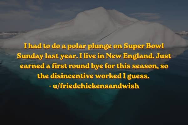 Text over iceberg water detailing New England winter polar plunge fantasy league punishments.