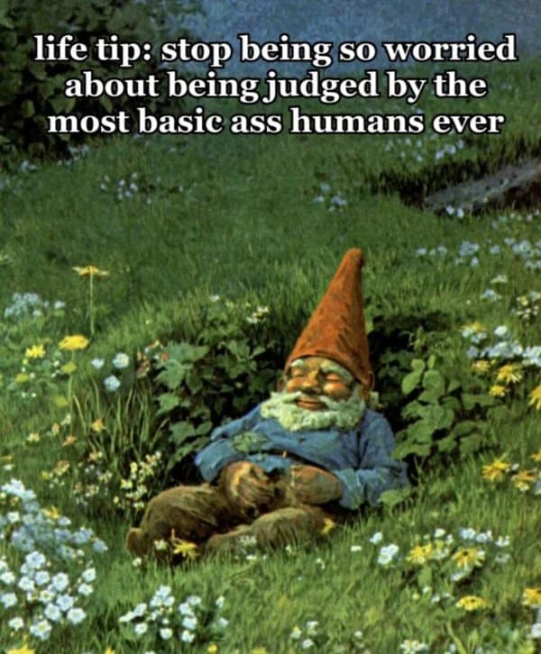 Peaceful painting of a garden gnome relaxing back in a lush meadow of wildflowers, captioned with advice to stop worrying about basic human judgment in a fantasy meme.
