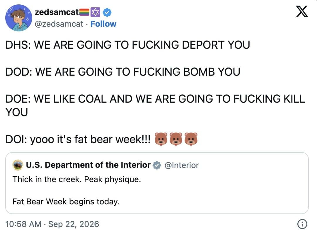 Viral post contrasting harsh federal agency messages with the Interior Department cheering that it is fat bear week