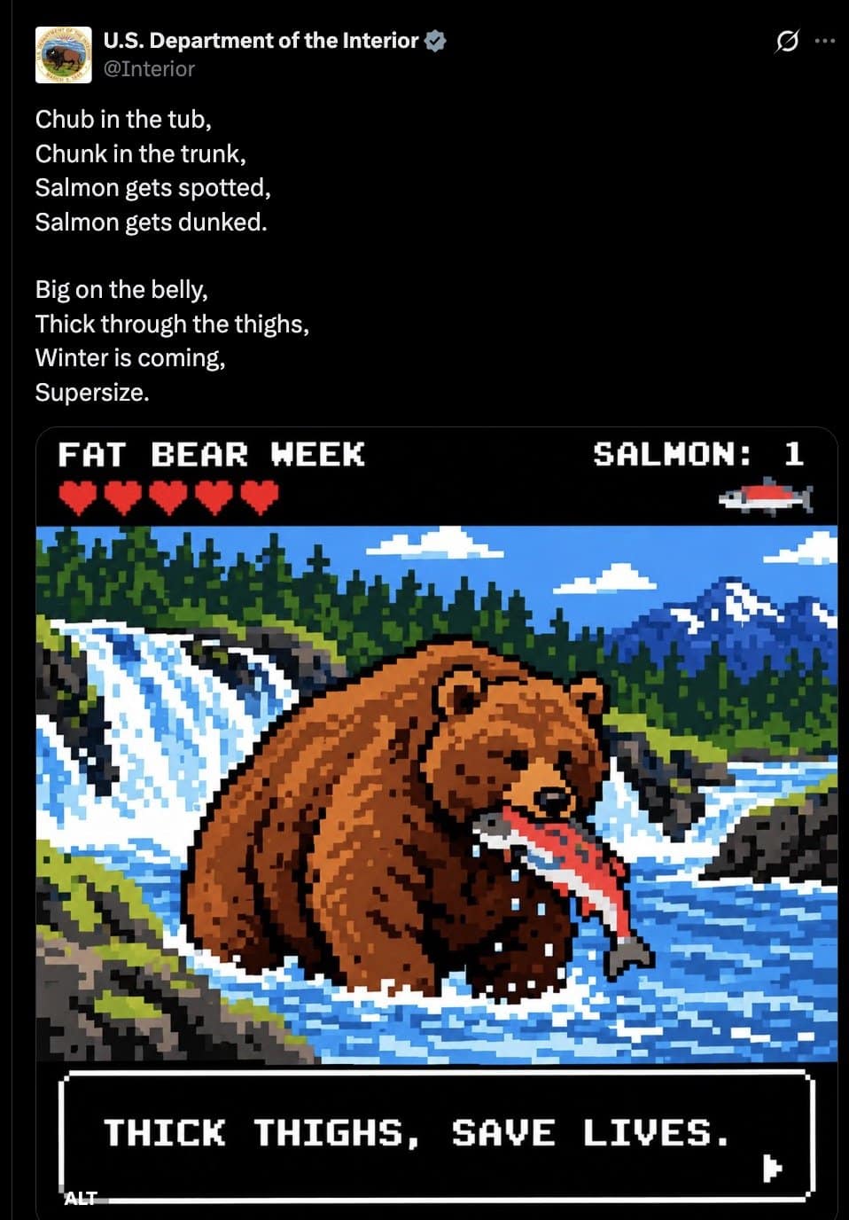 Pixel art fat bear catching a salmon under an Interior rhyme ending with thick thighs save lives
